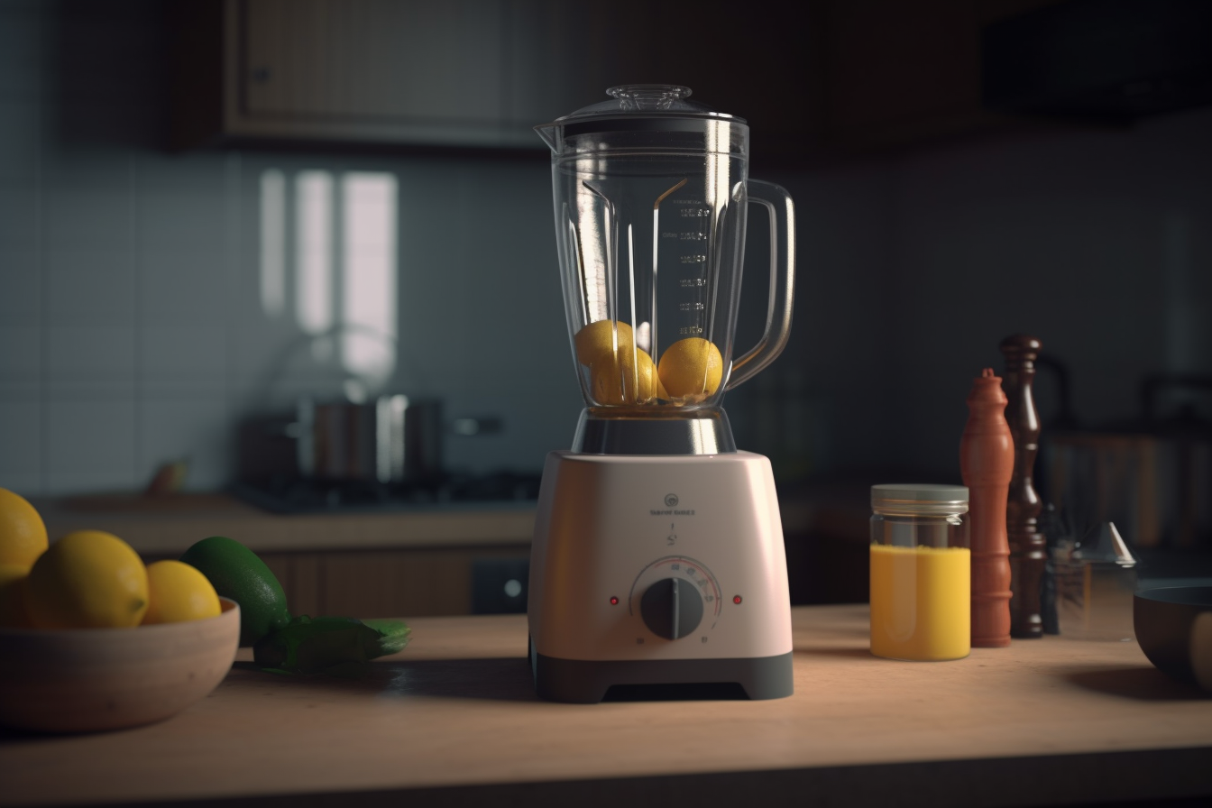 Blender à bol transparent contenant deux citrons, posé dans une cuisine claire près d'une corbeille de fruits