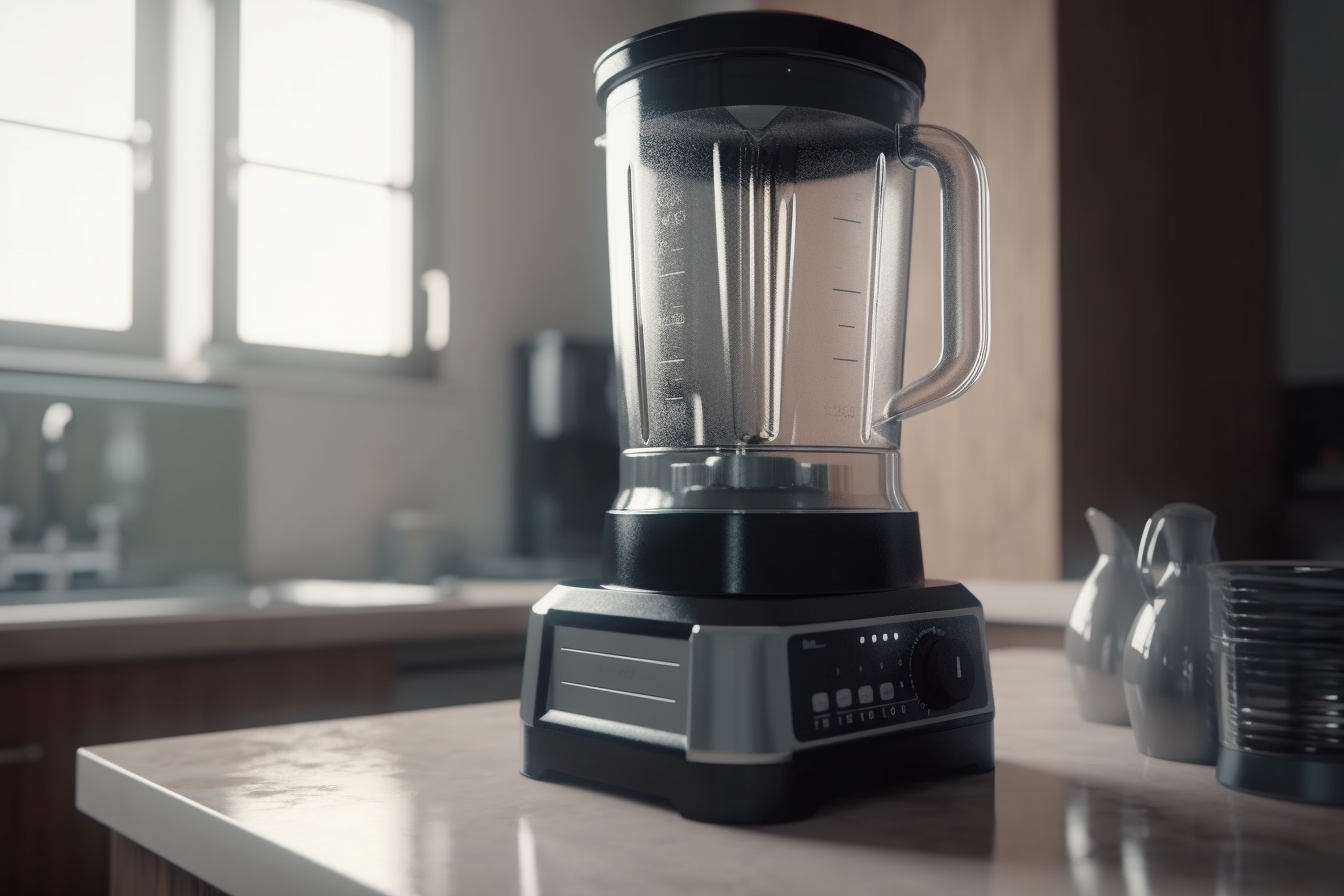 Blender dont le bol garde un dépôt sombre sur les parois, posé près d'une fenêtre de cuisine