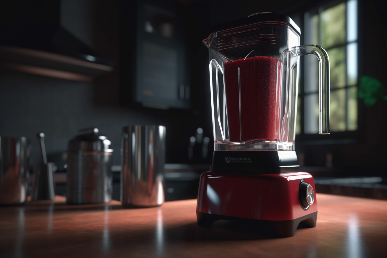 Blender rouge contenant un smoothie aux fruits rouges dans une cuisine sombre