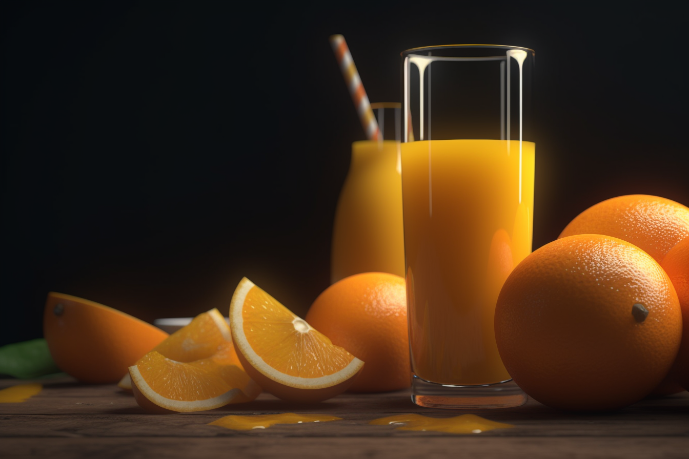 Grand verre de jus d'orange fraîchement pressé entouré d'oranges entières et de quartiers