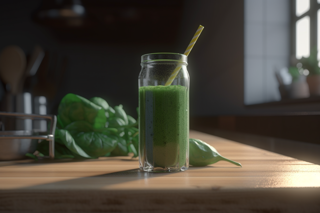 Bocal de smoothie vert avec une paille rayée posé sur un plan de travail près de feuilles d'épinard