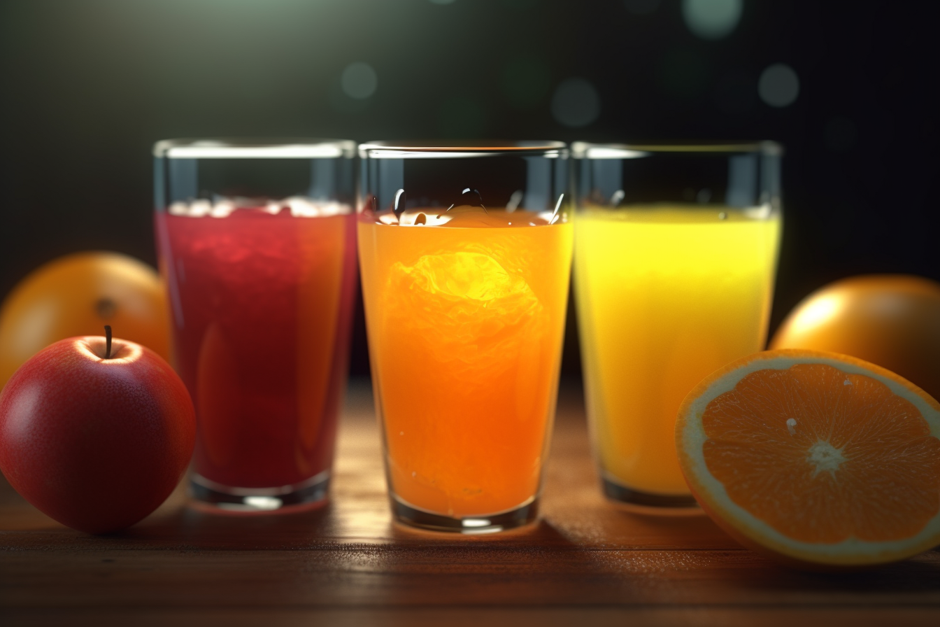 Trois verres de jus rouge, orange et jaune alignés devant une pomme et une orange coupée
