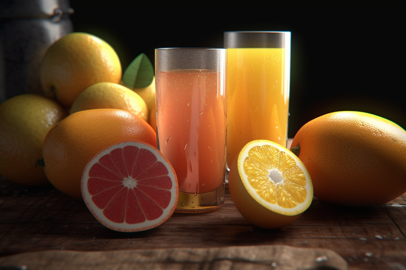 Deux grands verres de jus d'agrumes entourés de pamplemousses et d'oranges coupées sur une table en bois