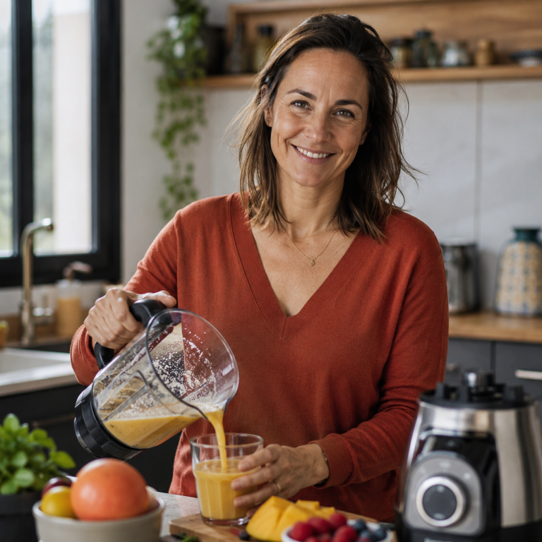 Léa, fondatrice de Mon-mixeur.com, verse un jus fraîchement mixé dans sa cuisine